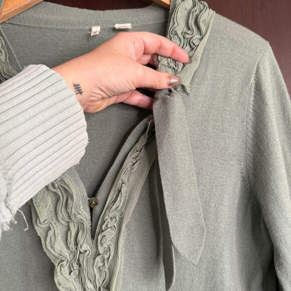 MOTH | Anthropologie Sage Green Wool Cotton Silk Ruffle Trim Cardigan | Large - Picture 6 of 6